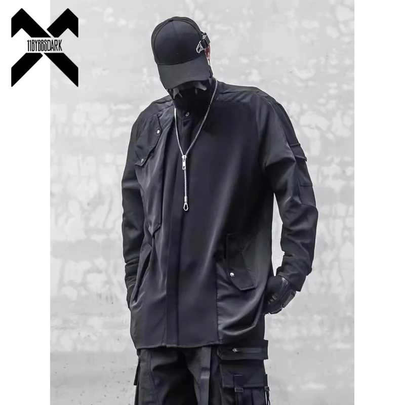 

Hip Hop Black Shirt Men 2024 Multi Pocket Irregular Patchwork Functional Long Sleeved Shirts Harajuku Cargo Shirts Tops Techwear