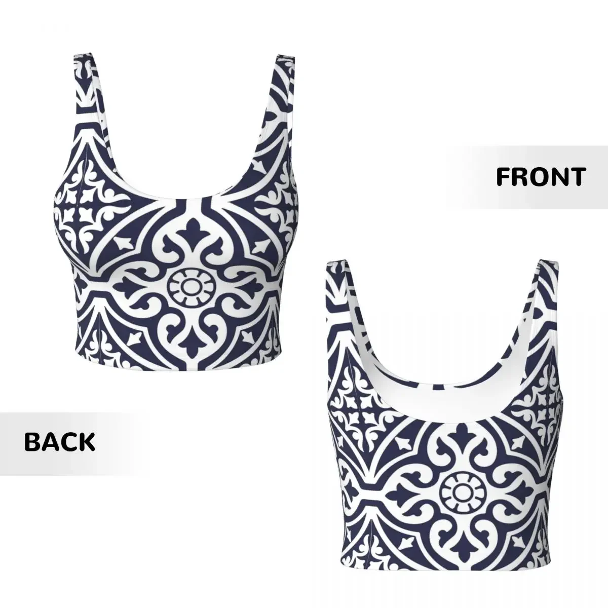 Custom Hamptons Blue And White Moroccan Talavera Tile Women Sports Vest Bras Gym Workout High Impact Yoga Crop Tank Top