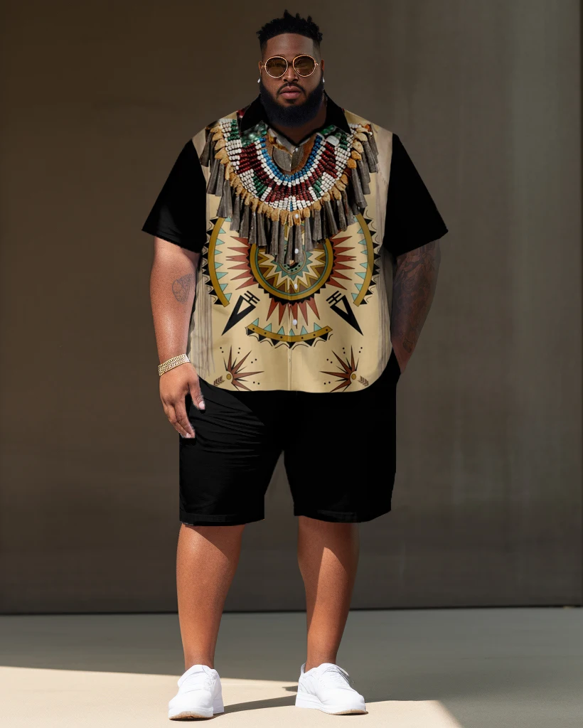 L-9XL Short Sleeve Shirt Shorts Set Plus Size Men's Summer Casual Skull Pattern Printed Holiday Style Two Piece Set ZOOY