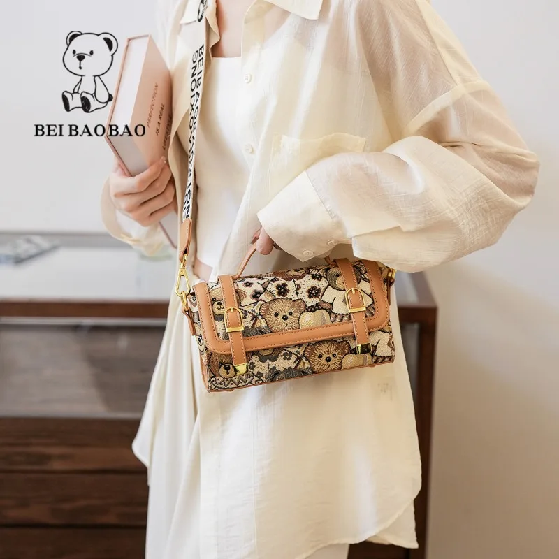 Beibaobao Small Square Bag Bear Pattern Canvas Bags 2024 Summer New Fashion Female Handbag Shoulder Bag Women\'s Messenger Bags