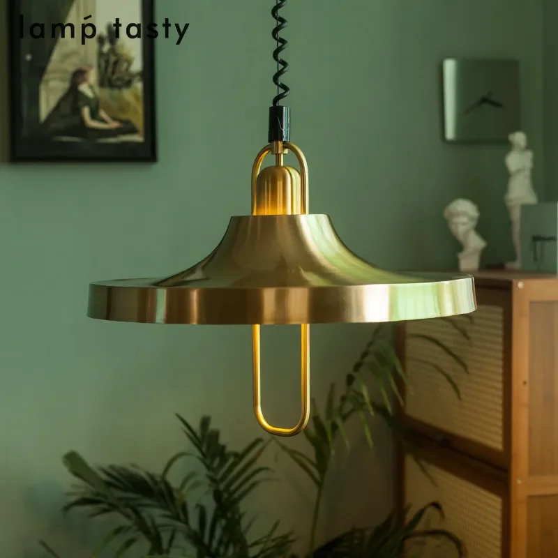 Bauhaus Medieval Vintage Brass Telescopic Pendant Lights LED American Restaurant Bar Counter Cafe Study Elevating Hanging Lamps