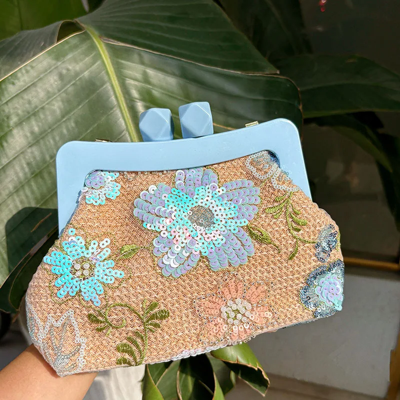 

Women Embroiry Evening Sequins Handbag Vintage Flower Straw Beach Handbag Weaving Satchel Bag Ladies Summer Daily Bag
