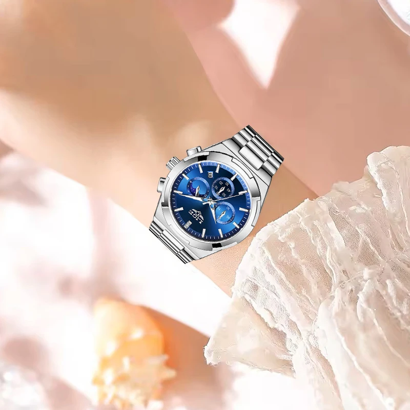 นาฬิกากันน้ำ LIGE สำหรับผู้หญิง นาฬิกาข้อมือสำหรับเล่นกีฬากลางแจ้ง แฟชั่นหรูหรา เรืองแสง แสดงข้างขึ้นข้างแรม นาฬิกาควอตซ์โครโนกราฟ