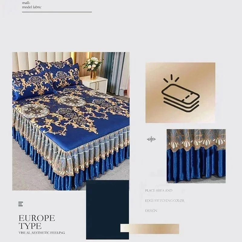 3 Stuks Lichte Luxe Kanten Bed Rok Enkele Sprei Bedsprei Dubbele Beddengoed Set Matras Hoes