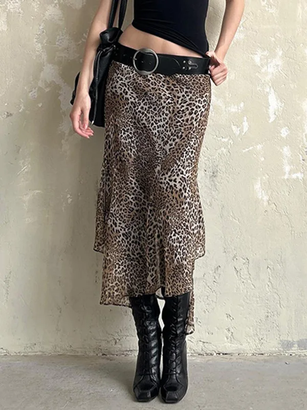 

Юбка с леопардовым принтом в американском стиле ретро, двухслойная юбка с асимметричным разрезом, длина F, трикотажная юбка с ультранизкой талией