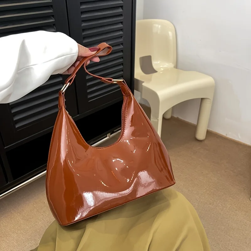 

Women's Glossy Patent PU Leather Crescent Hobo Bag, Elegant Underarm Shoulder Purse With Unique Texture