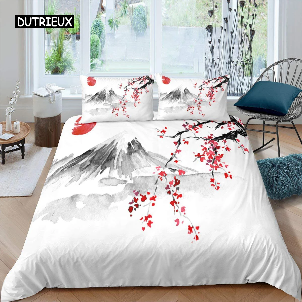 Japanese-Style Duvet Cover Set for Girl Polyester Mount Fuji Comforter Cover Cherry Blossoms Flower Ink Hand Painted Quilt Cover