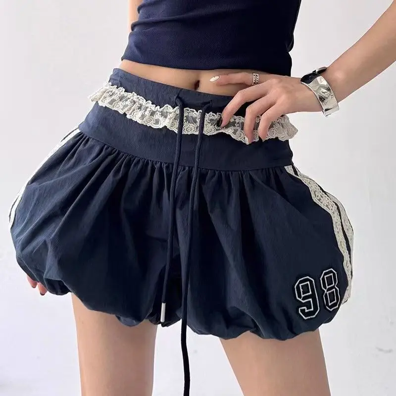 

Summer New Women's Fashion Street Lace Lace Splicing Striped Sports Pants Skirt American Y2K Style Solid Color Flower Bud Shorts