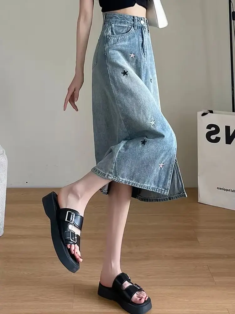 New Chic Split Simple Classic Loose Denim Female Skirt Summer Fashion Embroidery Casual Slim High Waist Xs-2Xl Midi Women Skirts