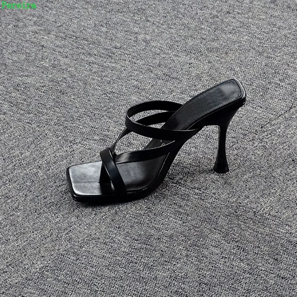 Black Stiletto Slip-on Slippers Women\'s New Arrival Summer 2024 Solid Square Toe Thin High Heel All-match Sexy Roman Shoes