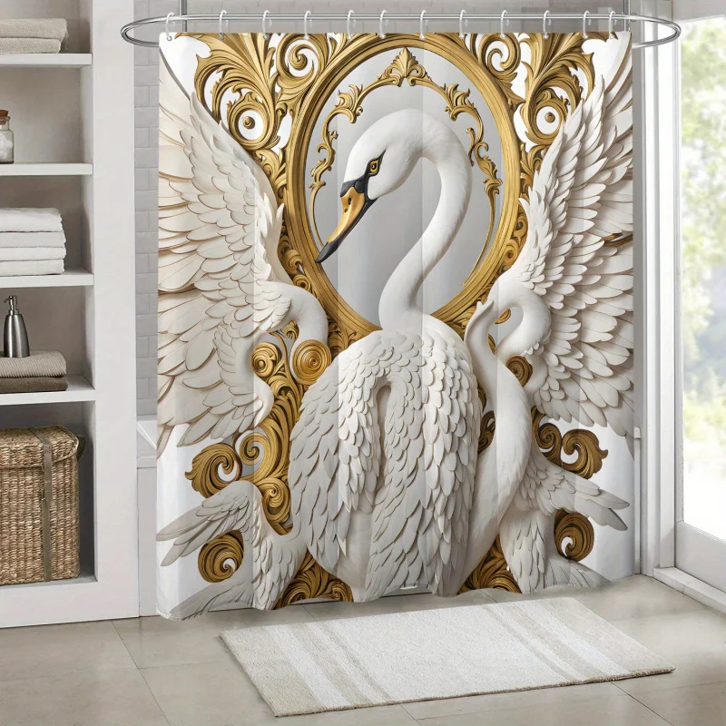 Elegant Swan Print Bath Drape with Metal Pattern Border, Water-Resistant Unlined Polyester Fabric, Includes Hooks, Machine Washa