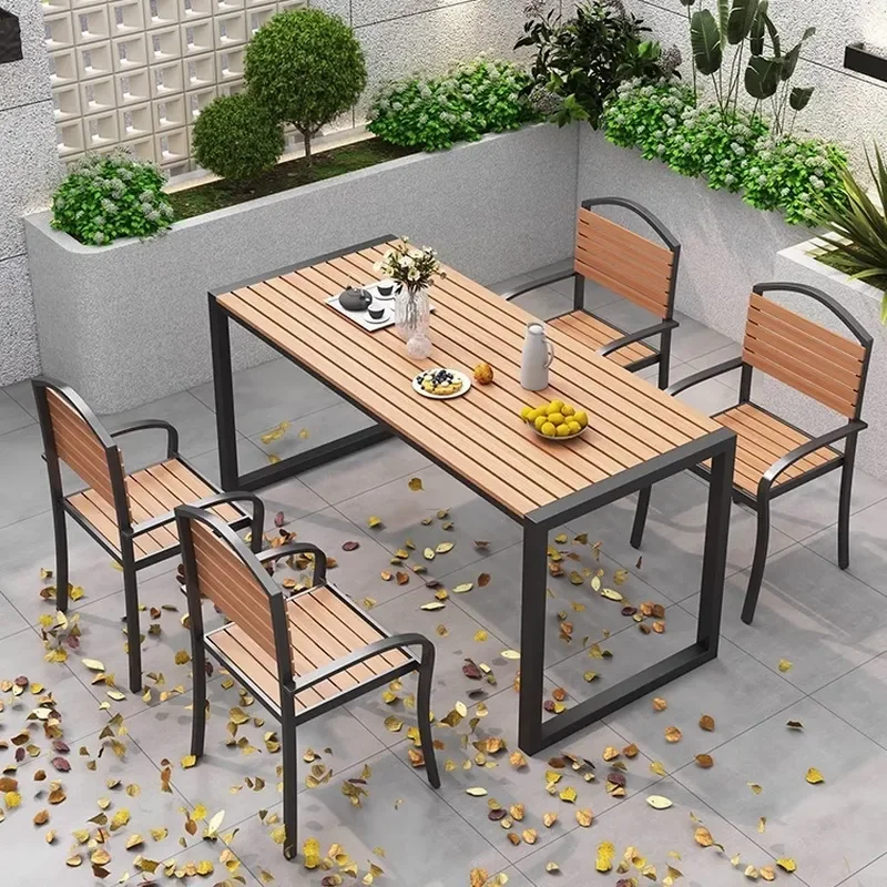 Outdoor Wrought Iron and Plastic Wood Table and Chair Set Waterproof Sunproof Dining Furniture for Park Courtyard Balcony