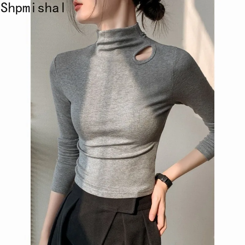 

Grey Shoulder Long Sleeve T-shirt for Women's Early Autumn 2023 New Fit Suit with Half High Collar Underlay Top Female Clothes