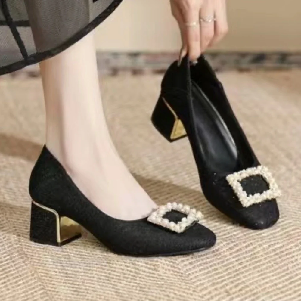 Fashion Women High Heels Black Mules Heels Women Chunky Rhinestone Elegant Shoes Party Wedding Woman Pumps Plus Size Women Shoes