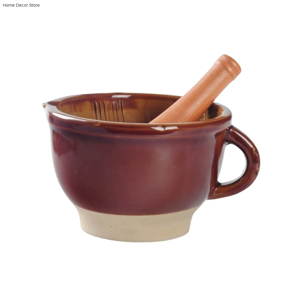 Rustic Style Ceramic Mortar and Pestle Set Non-Slip Base with Handle Garlic Grinding Bowl Brown V Shape Diverter