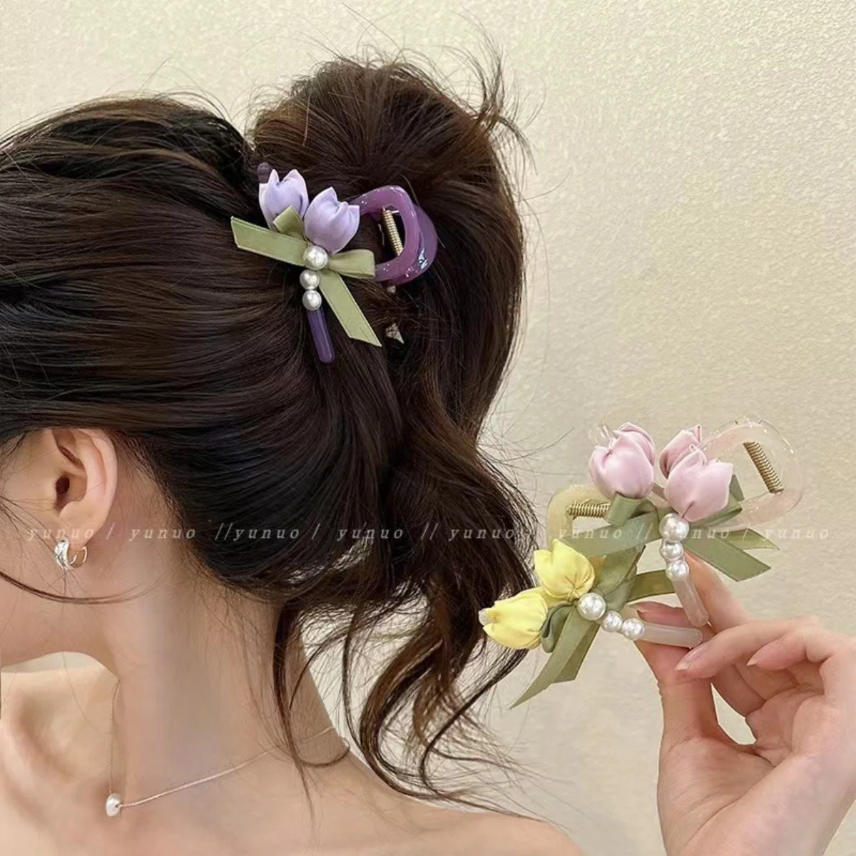 Sweety Flower Pearl Hairpin Elegant Pink Tulip Hair Claw For Women Girls Spring Summer Exquisite Hair Clips Hair Accessories 1pc
