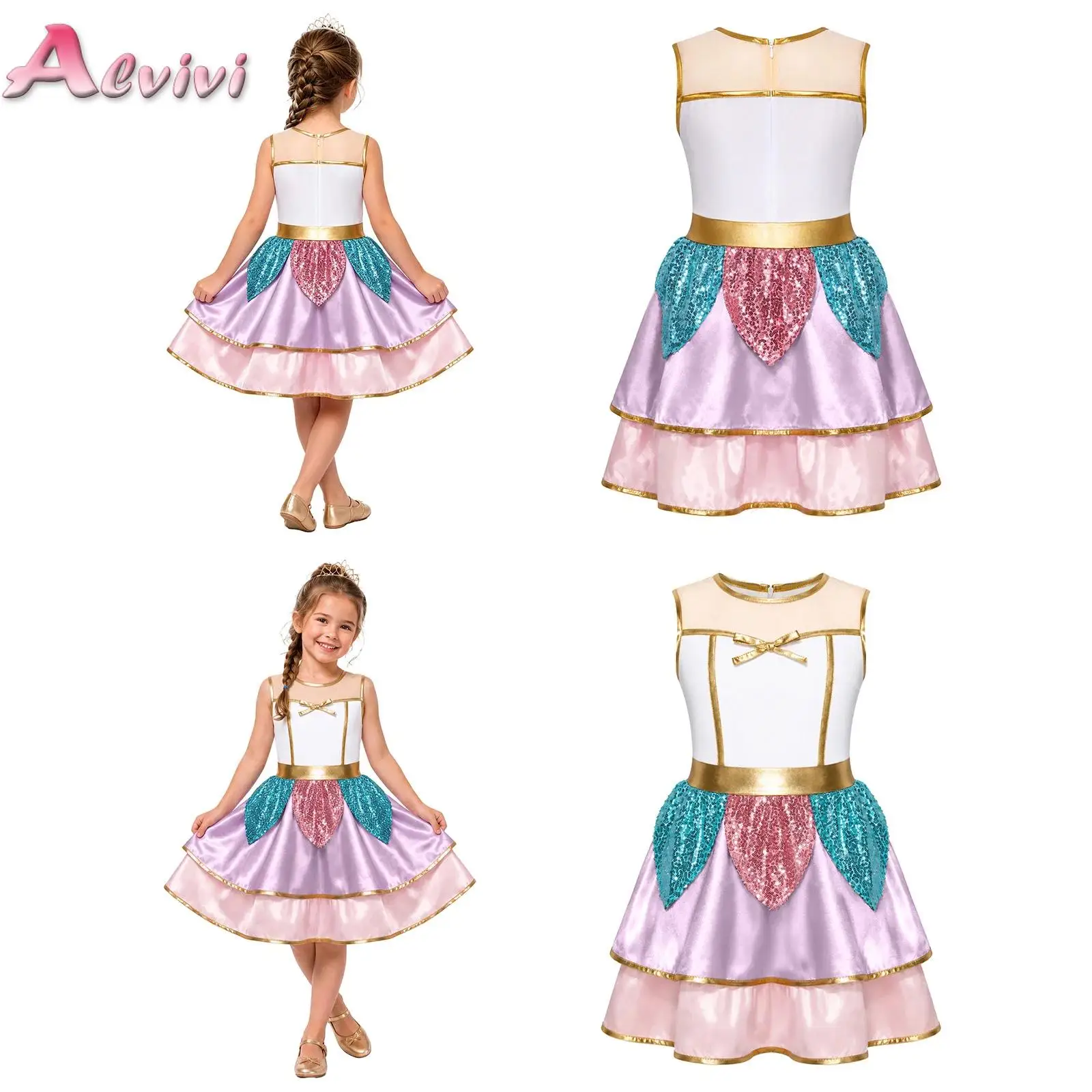 Kids Girls Fairy Princess Party Dress Sleeveless Mesh Metallic Sequin Peplum Satin Dress Movie Characters Theme Party Costume