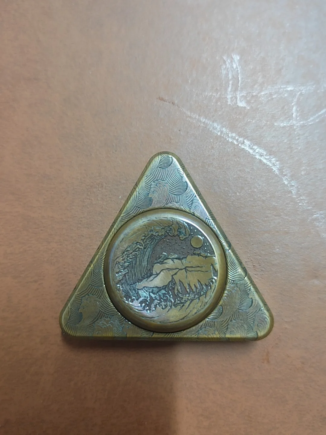 Used Copper Triangle Gyro, Ukiyo-e Wave Carving EDC