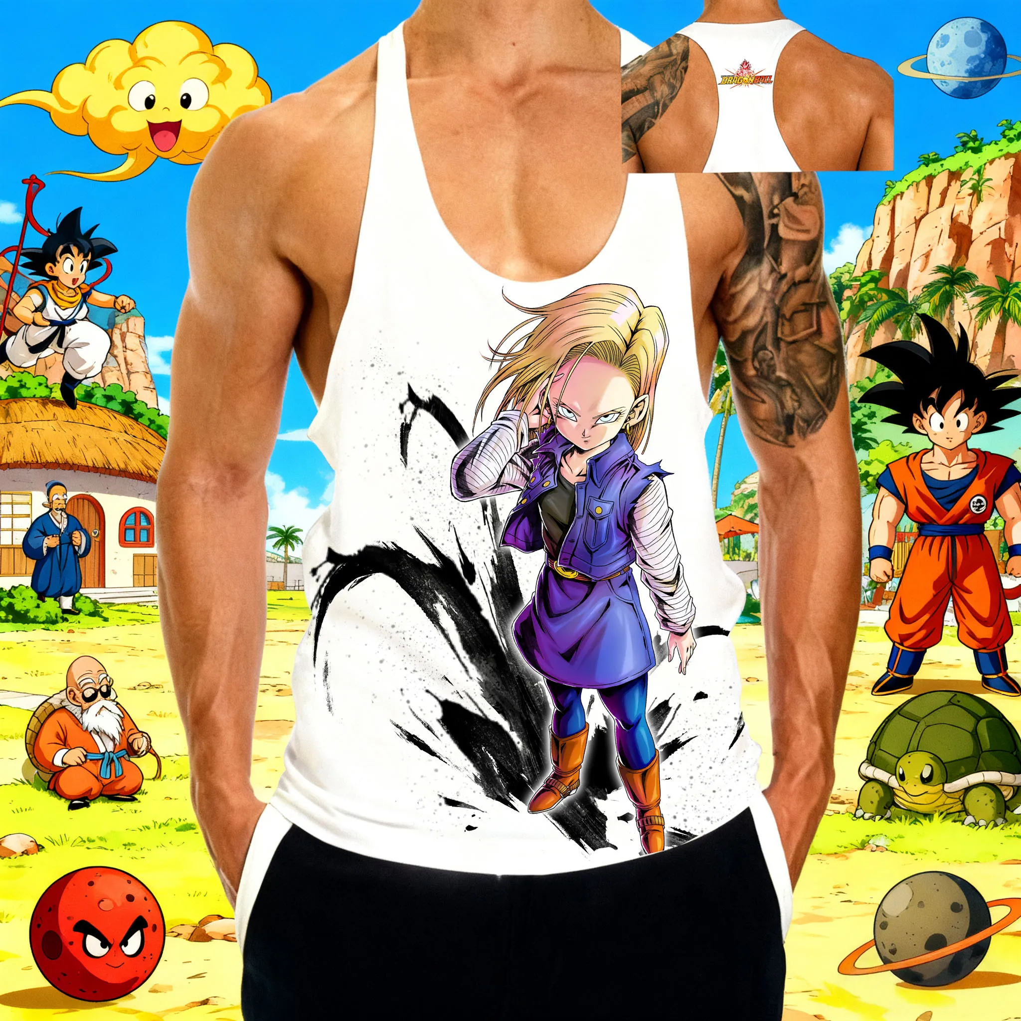 Populaire Anime "Dragon Ball" humain artificiel 18 motif imprimé 2025 été nouveau sport pour hommes respirant coton gilet sans manches