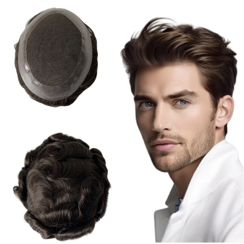 

Brazilian Human Hair Systems 3# Brown Color 8x10 AUS Toupee 32mm Wave Center Lace with Poly Skin Perimeter Unit for European