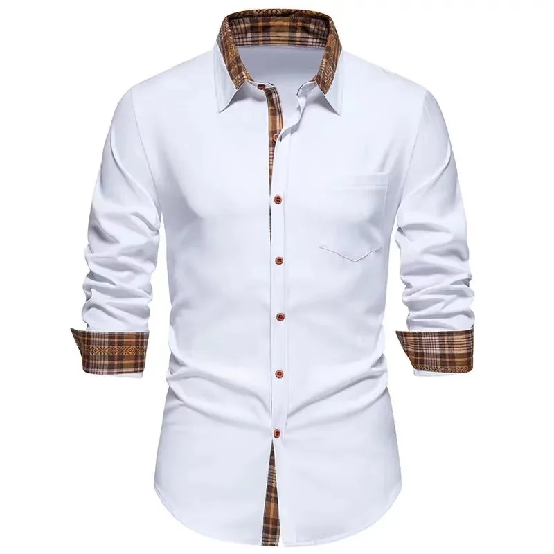 Men\'s shirt T-shirt stitching plaid casual slim party party men\'s long-sleeved button-down lapel shirt slim fashion elegant