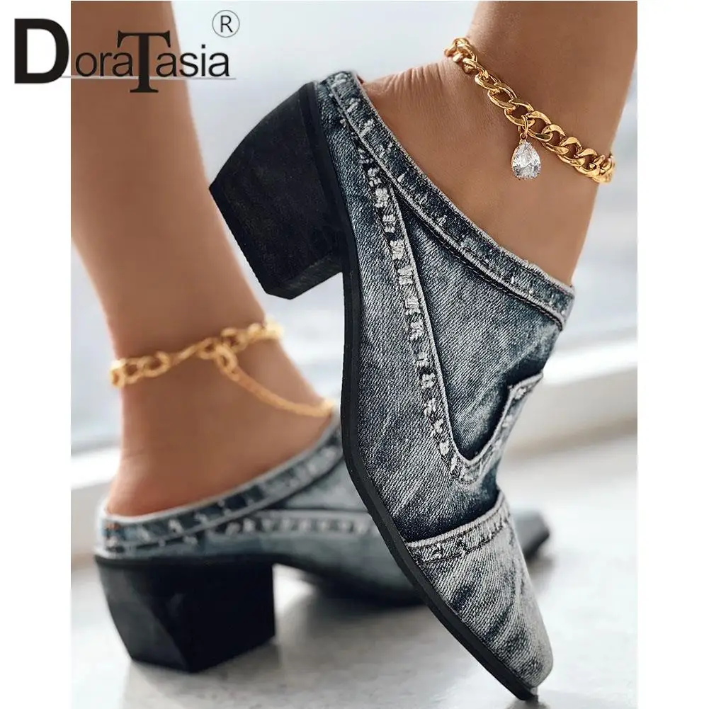 Brand New Ladies Pointed Toe Slides Fashion Chunky High Heels Summer women's Slippers Casual Party Retro Woman Shoes