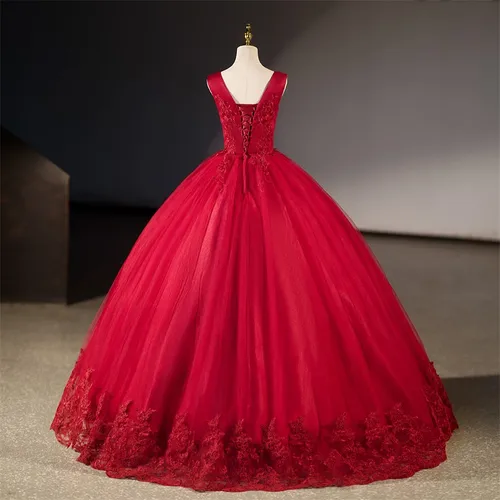 Imagen 2 del producto Vestidos de quinceañera rojos sin mangas, Vestido de fiesta con cuello en V, Vestido de baile de flores dulces, Vestido de graduación de encaje de lujo, Vestido personalizado, nuevo, Primavera