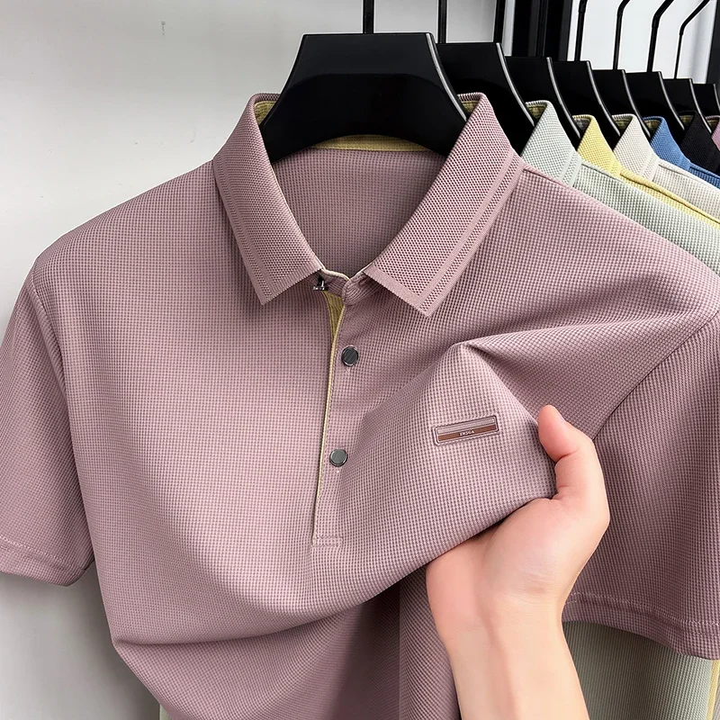 Polo décontracté pour homme à manches courtes, en maille respirante jacquard nid d'abeille, avec deux boutons métalliques, idéal pour le travail et le quotidien