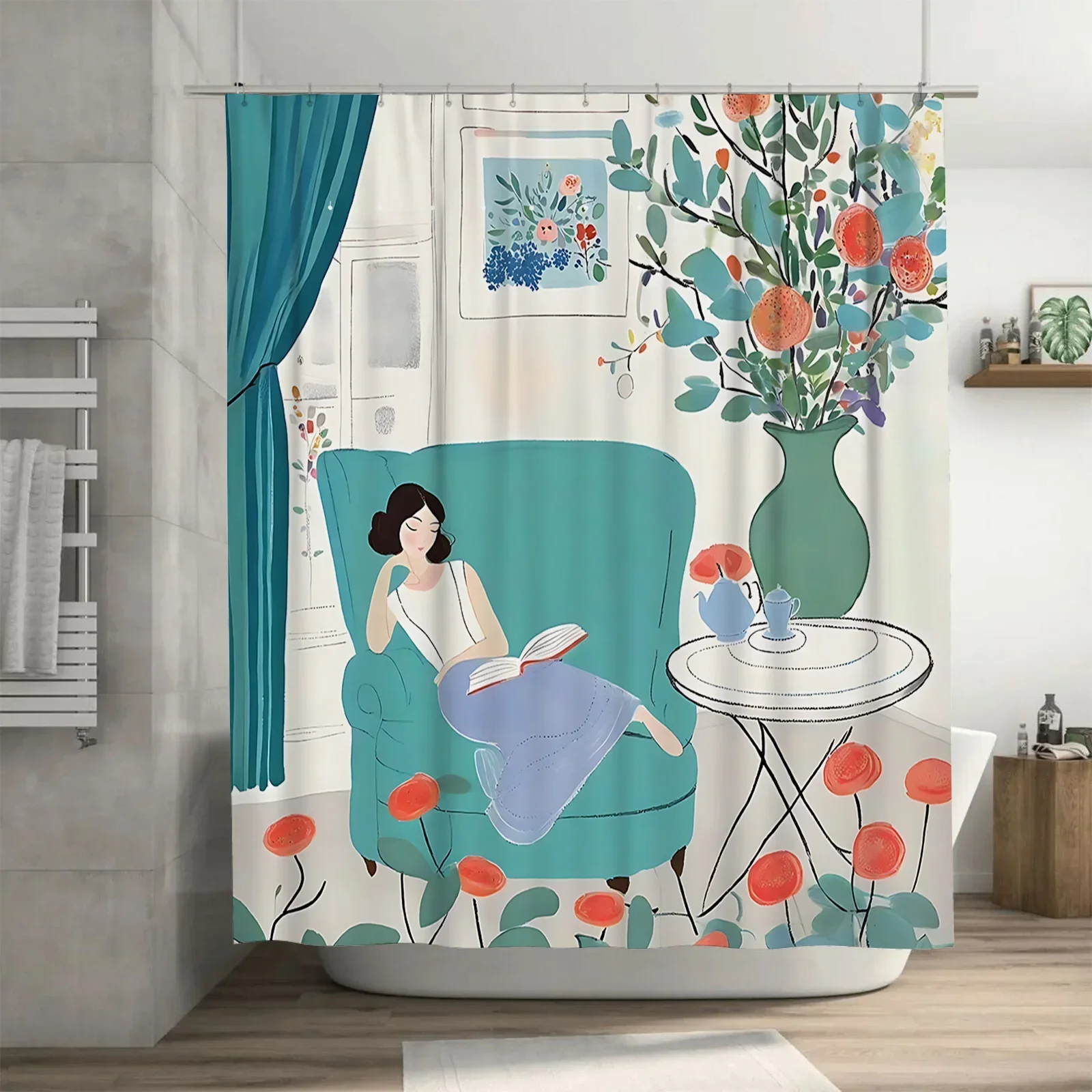 

Элегантная занавеска для душа с цветочным принтом для ванной комнаты — художественная иллюстрация женской книги для чтения на синем диване, водонепроницаемая и прочная