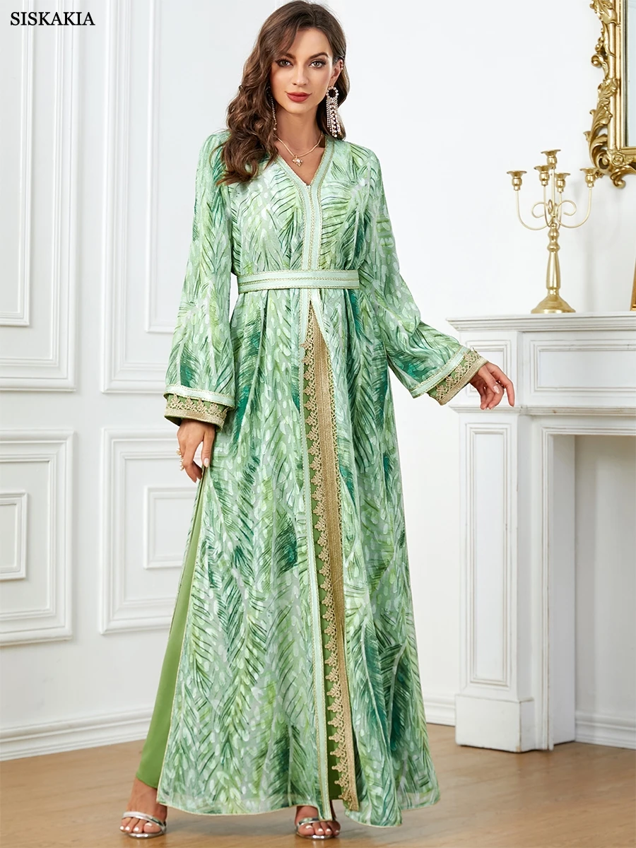 Siskakia Moroccan Dress Kaftan 2 Piece Abaya Set Evening Robe Printing Full Sleeve V-Neck Islamic Caftan Ramadan Muslim Clothing