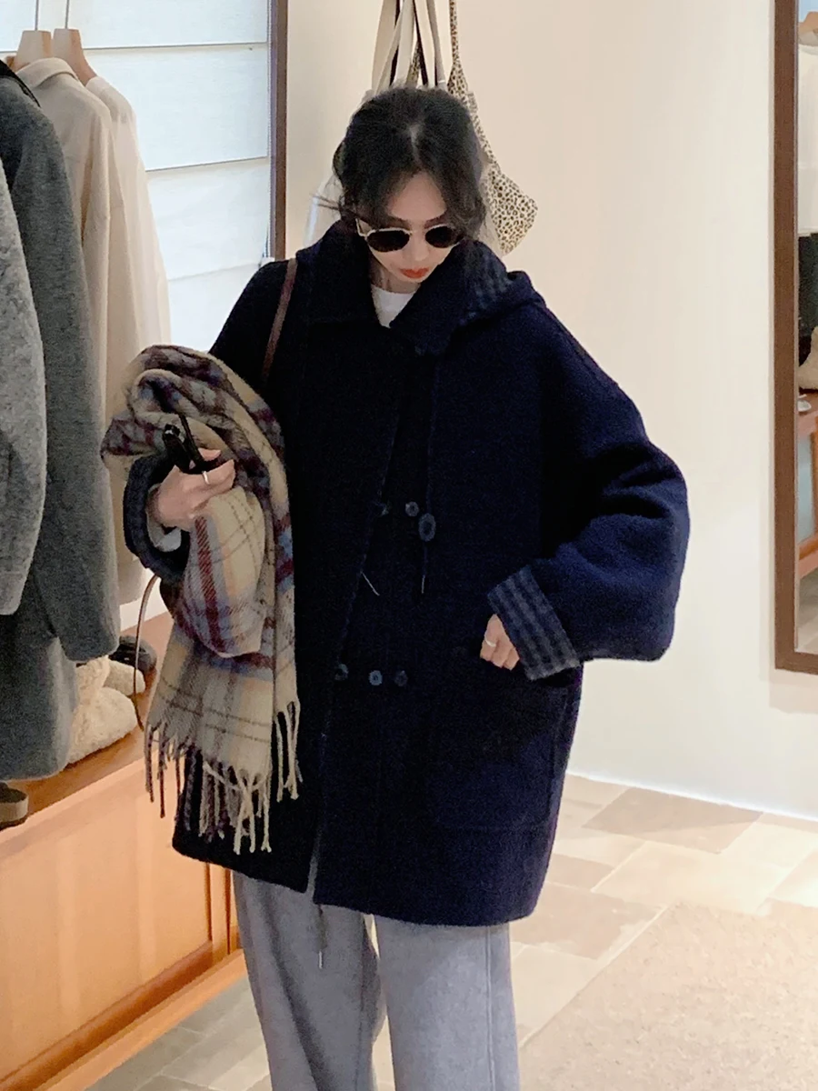 

Ultra-Warm Woolen Fce Hooded down Jaet Women's Blue Winter New Sle Large ket Korean Sle Commute Faion Coat