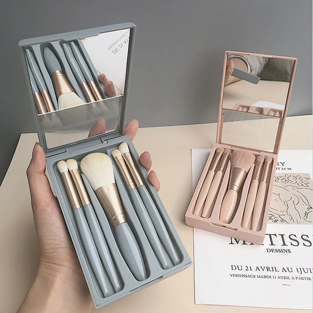 Conjunto de pincéis de maquiagem portátil com espelho para viagens - destaque labial, sombra e base em pó para mistura de ferramentas cosméticas