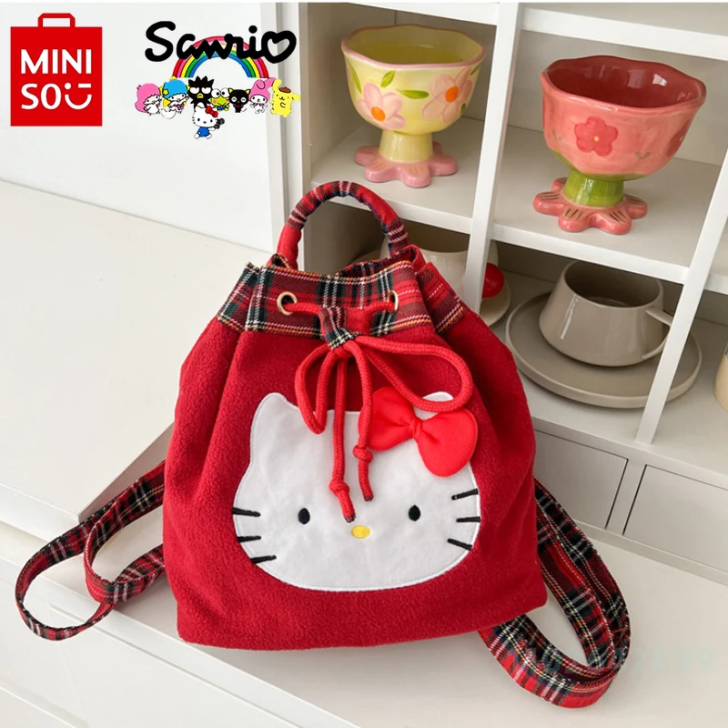 Miniso Hello Kitty 2024 New Women's Backpack Fashionable and High Quality Drawstring Backpack Cartoon Versatile Student Backpack