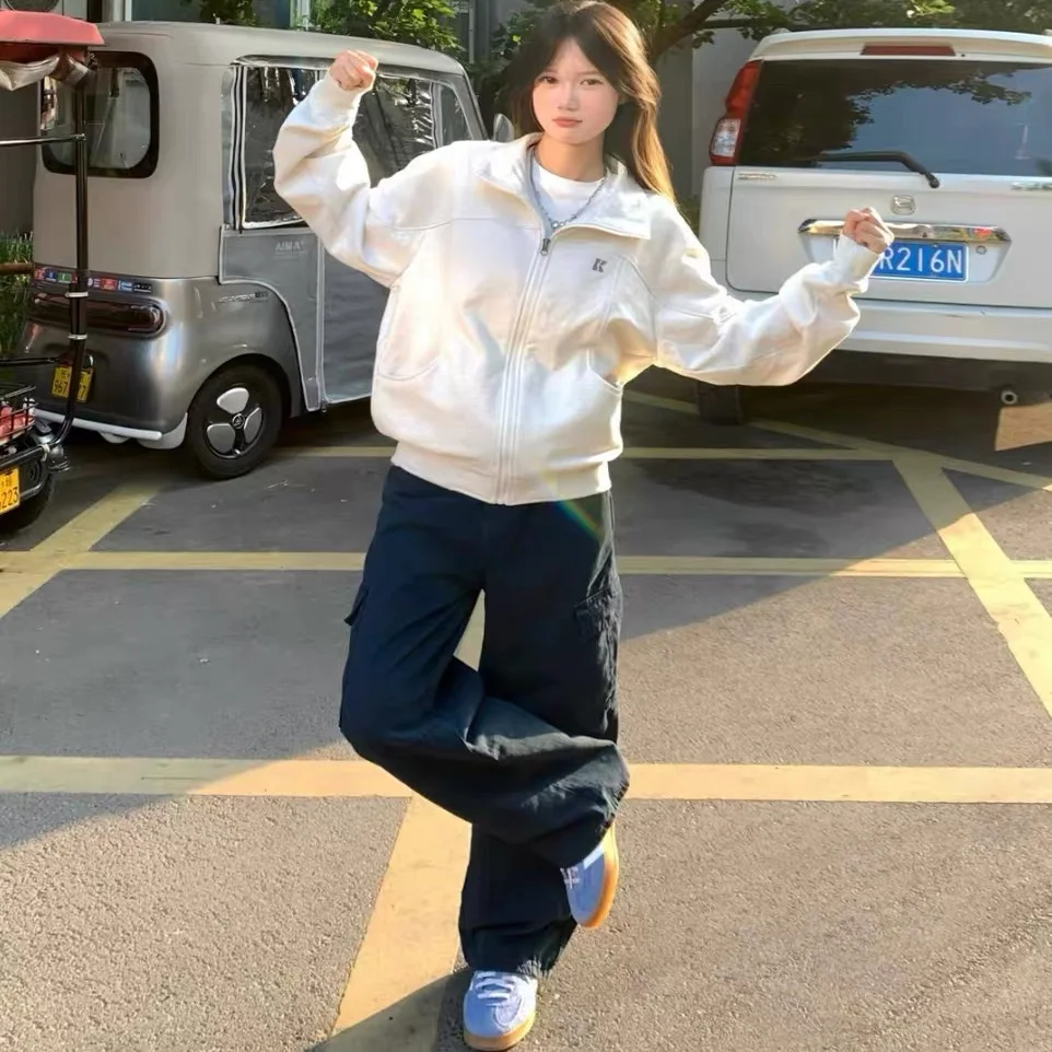 Korean Style Short Baseball Jacket Sweatshirt Women's Loose Fit Zipper Design Long Sleeve Commute Friendly Pullover Top