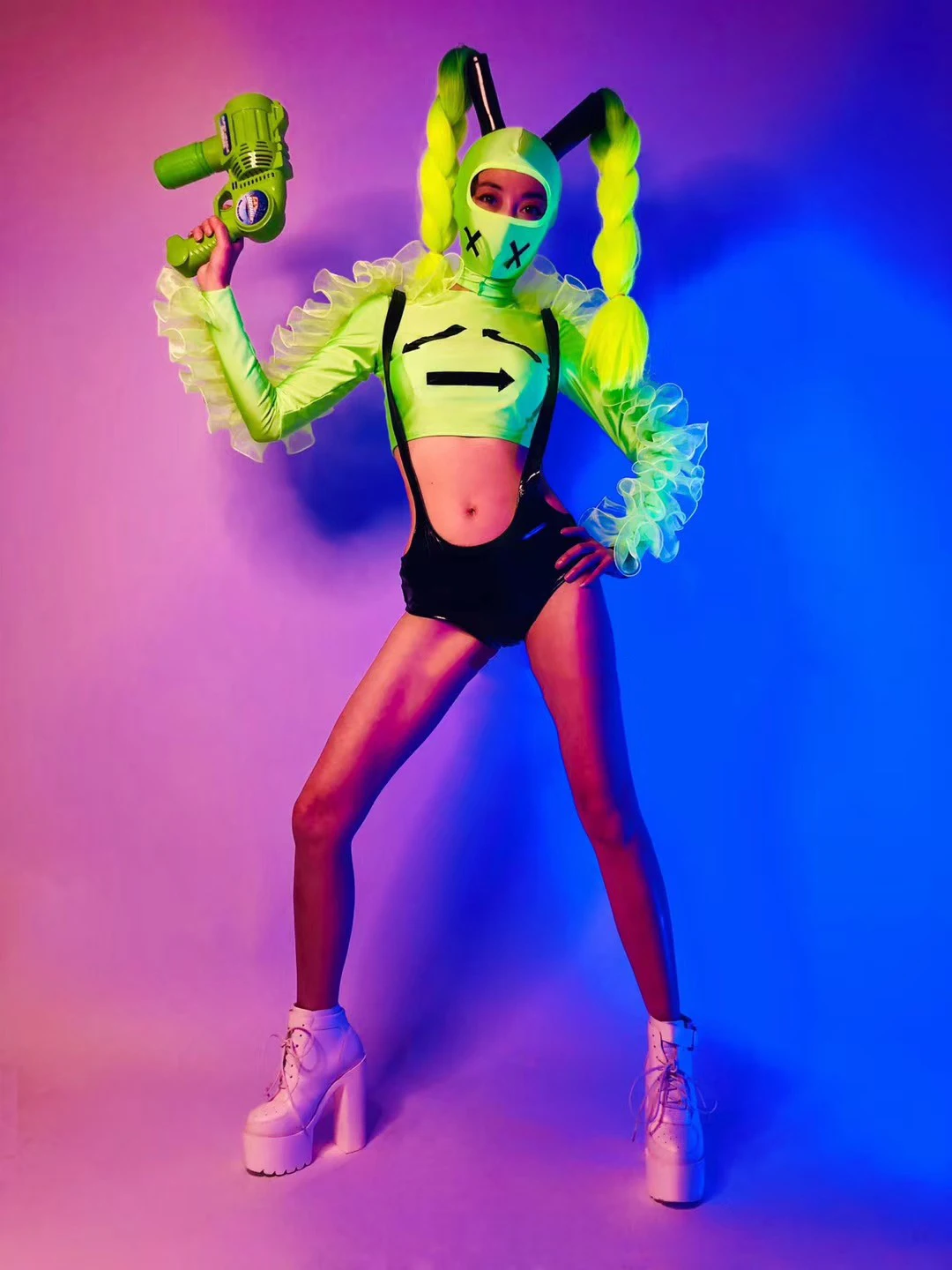 Fluorescent Green Puff Sleeves Tops Pants Bar Women Gogo Dancer Dj Stage Costumes Party Performance Outfit Rave Clothes