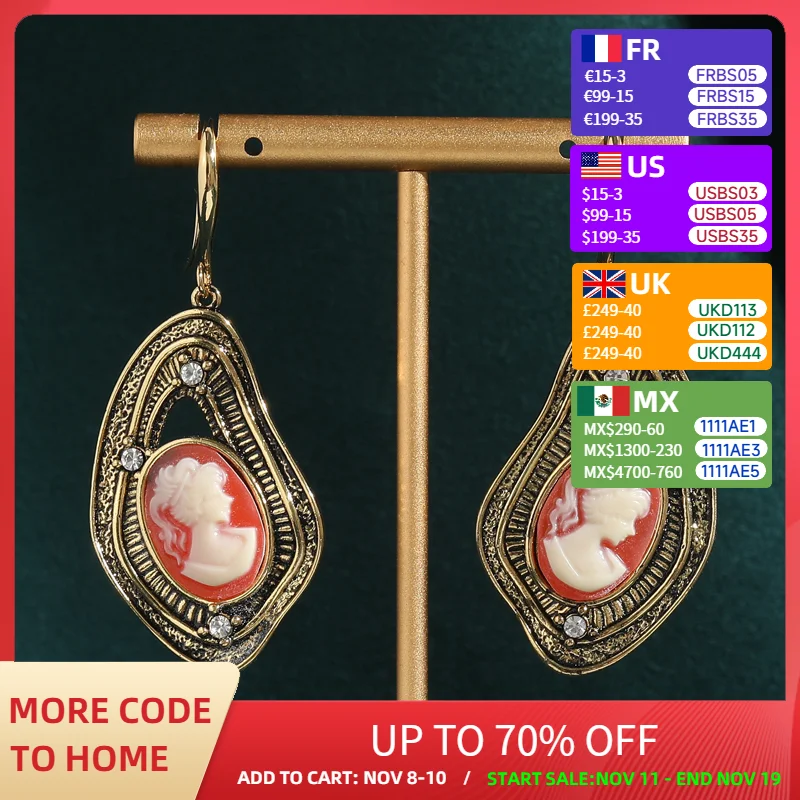 

Palace Gold Color Dopamine Pink Relief Camelot Dangle Drop Hook Earrings Women Natural Stone Vintage Jewelry Antique Accessories