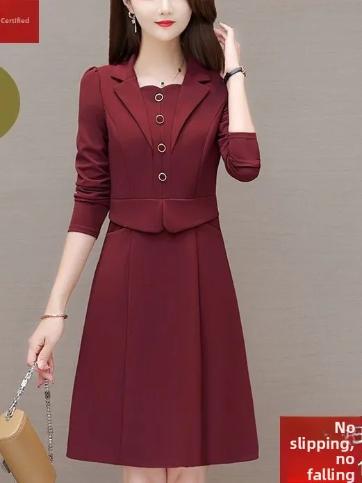 Elegant A-Line Midi Dress Fake Two-Piece Slimming Fashionable Base Layer Korean Style Button Detail Long Sleeve Autumn Wear