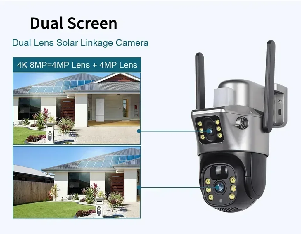 Tahlitech Solar Camera 4G Sim Outdoor Dual Lens WiFi 8MP 4K IP Camara Solar Panel CCTV Security Built in Battery PIR Cam V380