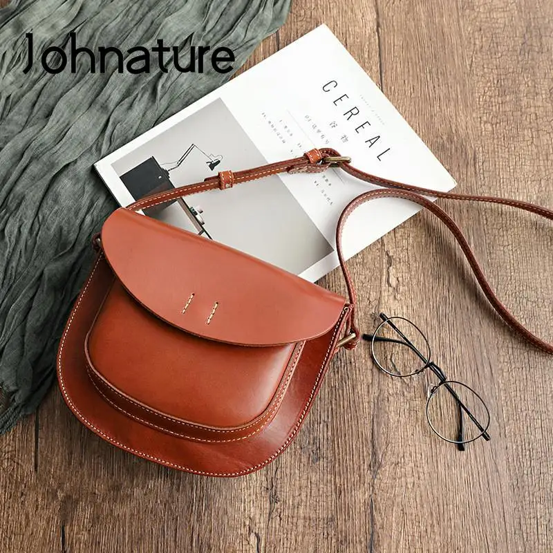 Johnature Simple Genuine Leather Women Bag 2024 New Handmade Vintage Shoulder Bags Solid Color Natural Cowhide Messenger Bag