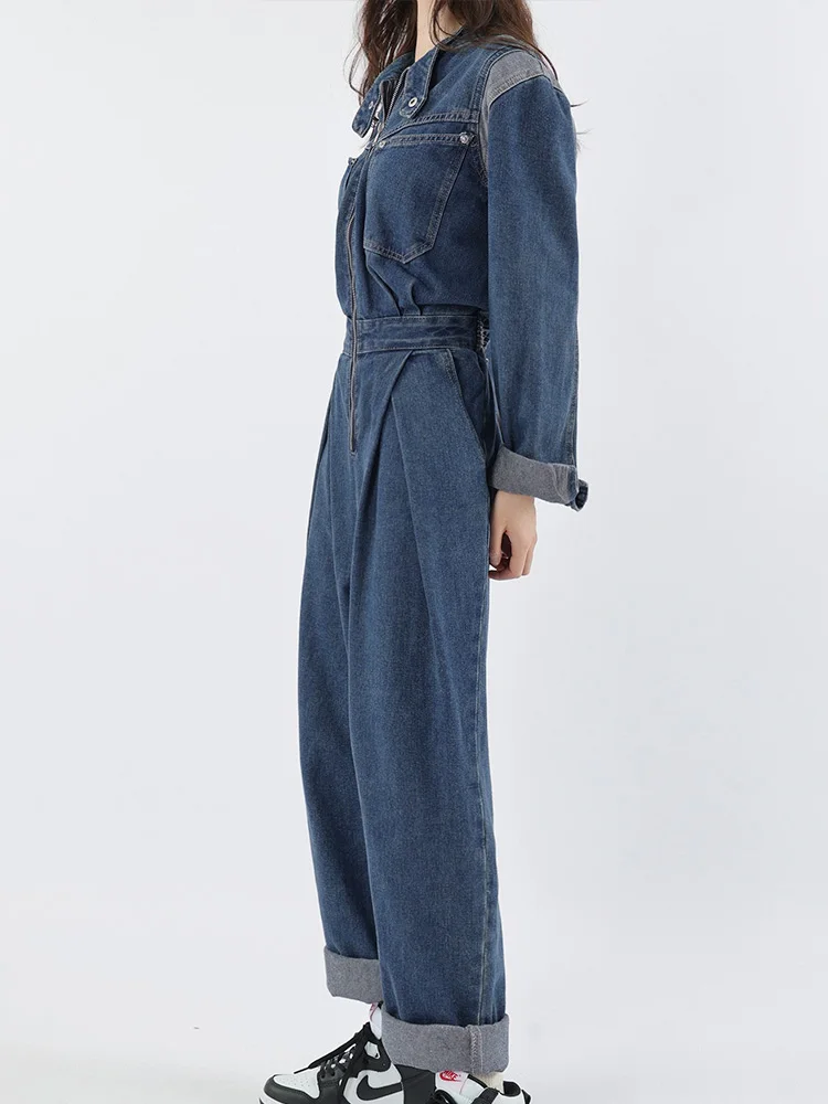 Women Vintage Patchwork Cargo Denim Jumpsuit Overalls 2024 Spring Fall Korean Streetwear Long Sleeve Romper Bodysuit Playsuits