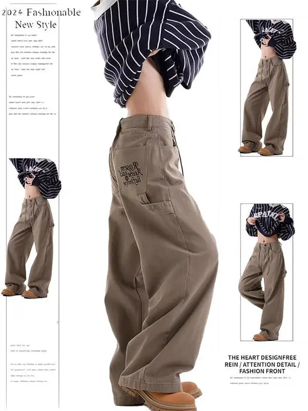 

Retro American Embroidered Denim Jeans High Waist Loose Straight Leg Floor-Length Pants Women's Spring Autumn Design Sense
