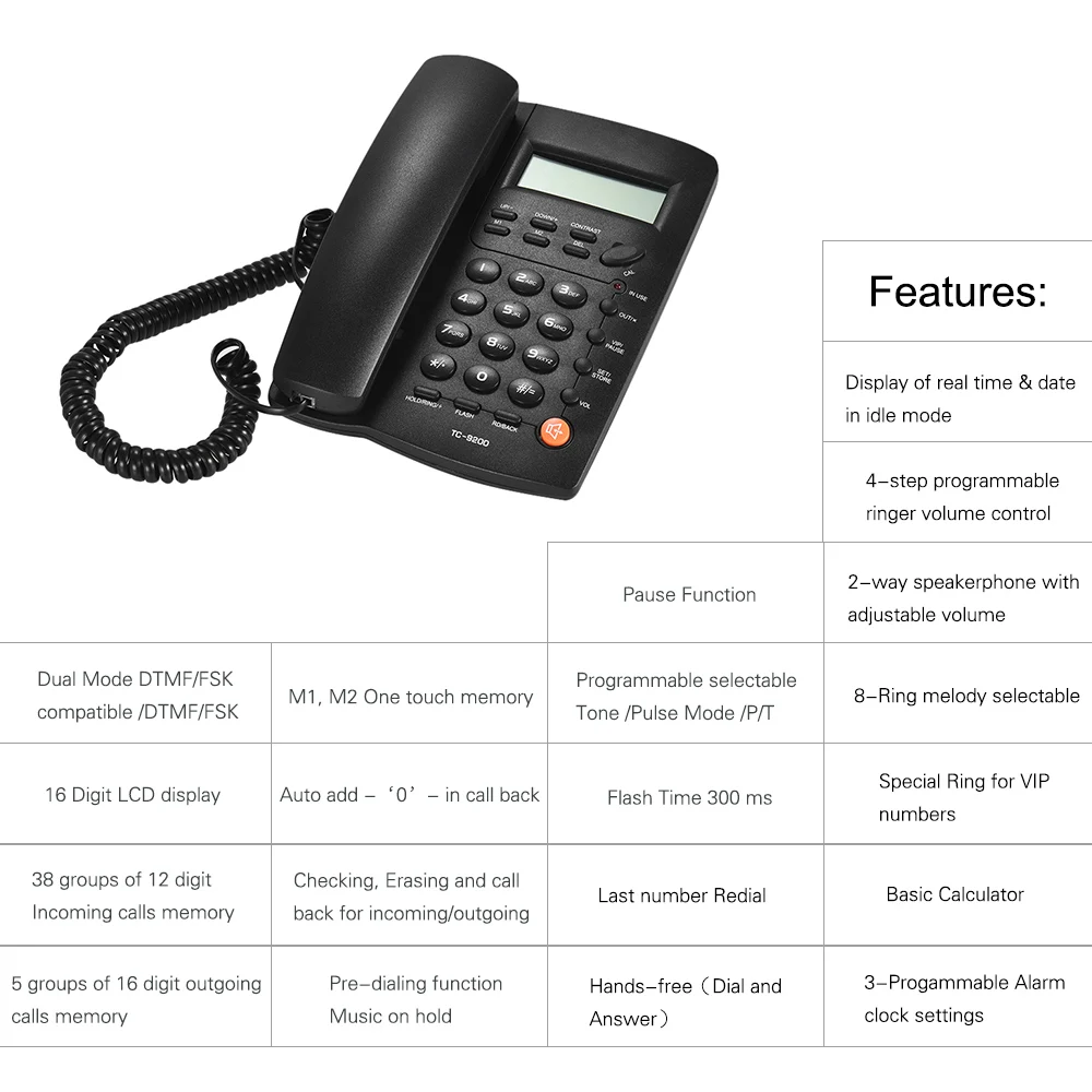 Desktop Corded Telephone Phone with LCD Display Caller ID Volume Adjustable Calculator Alarm Clock for House Home Office Hotel