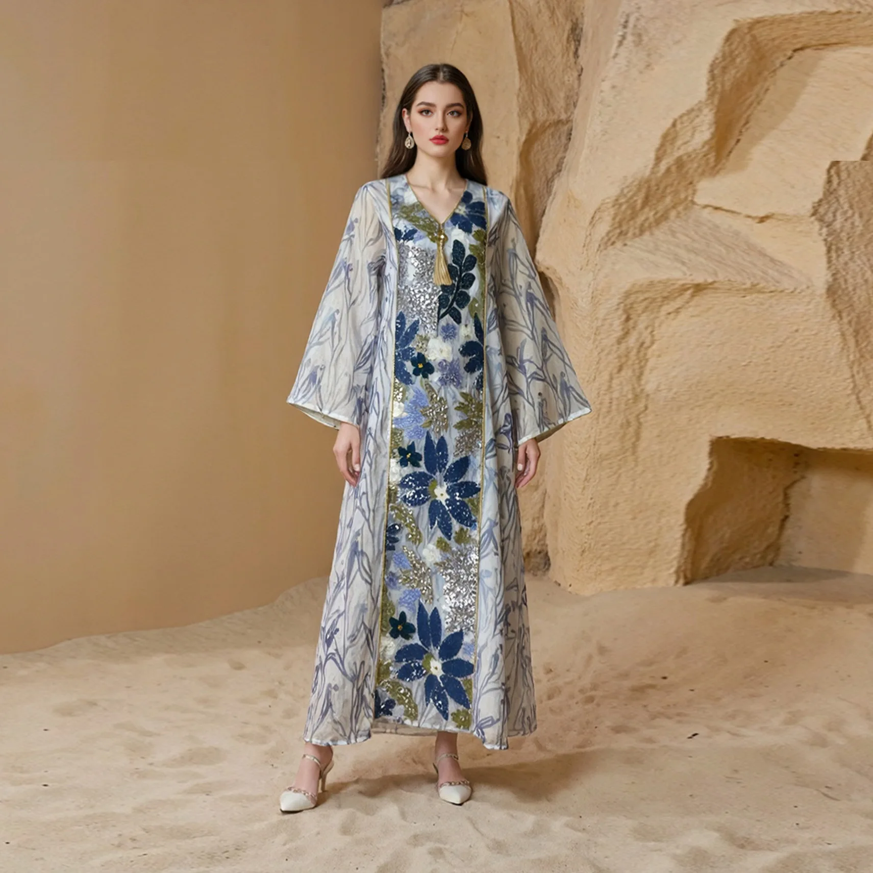 

Праздничное женское платье с принтом и пайетками, абайя, джалабия, платье для Рамадана, длинное вечернее платье, арабский длинный халат, марокканский кафтан 2026