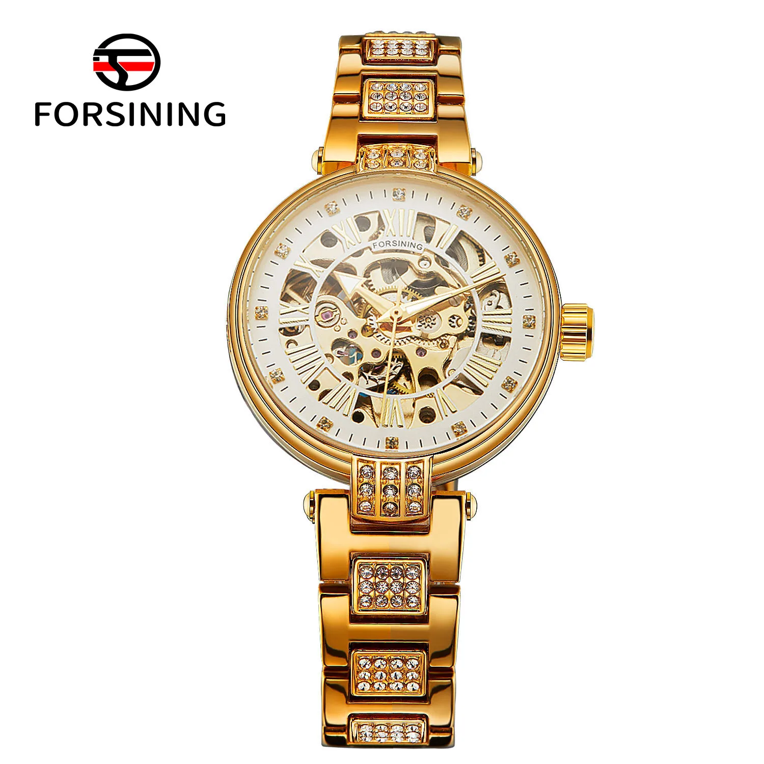 Forsining 188C Diamond Luxury Woman Automatic Mechanical Movement Elegant Women's Watch Stainless Steel Skeleton Gold Wristwatch