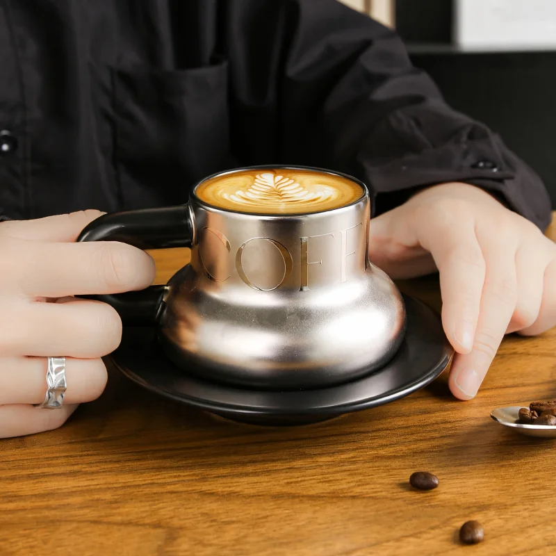 1 Pcs 240ml Niche Ceramic Coffee Glass And Plate Set Chubby Coffee Ware Heavy Americano Cappuccino Cup And Saucer Birthday Gifts