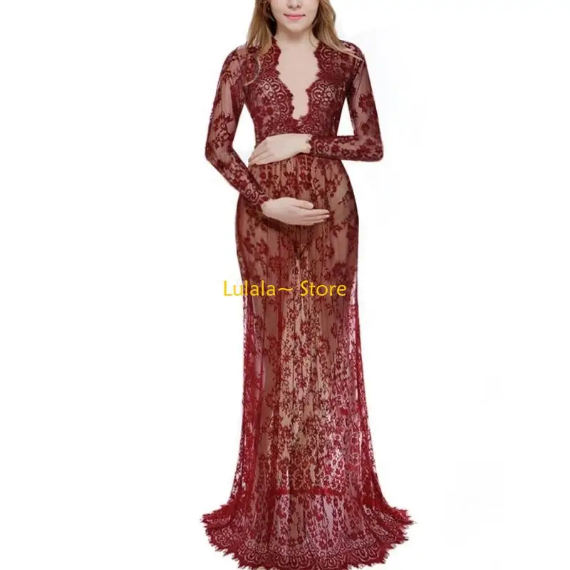Y4QA Comfortable Fitted Pregnant Women Gown Long Sleeve V Neck Formal Occasion Wear