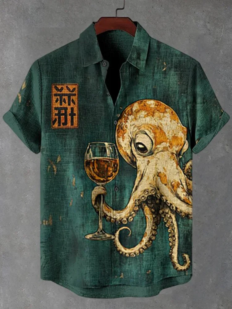 Vintage octopus Graphic Beach Shirt For Men Marine Animal 3D Print Hawaiian Shirts Summer Vacation Loose Short Sleeve Clothing