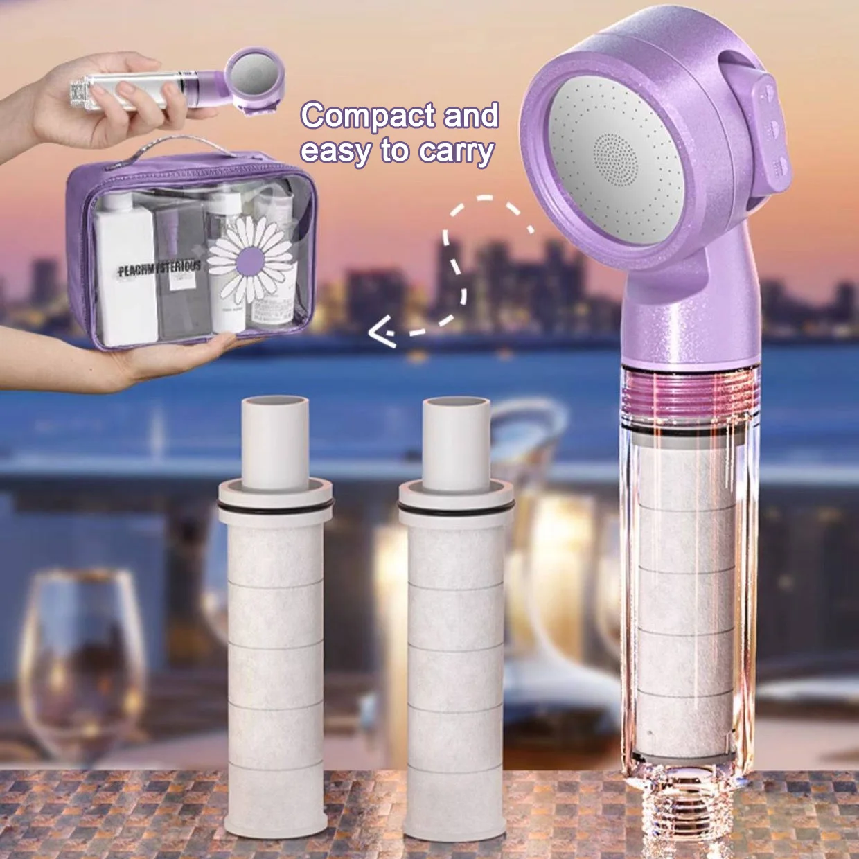 Portable Mini Shower Head for Travel Home Hotel Use with High Pressure Water Flow and Filtration System for Kids Babies