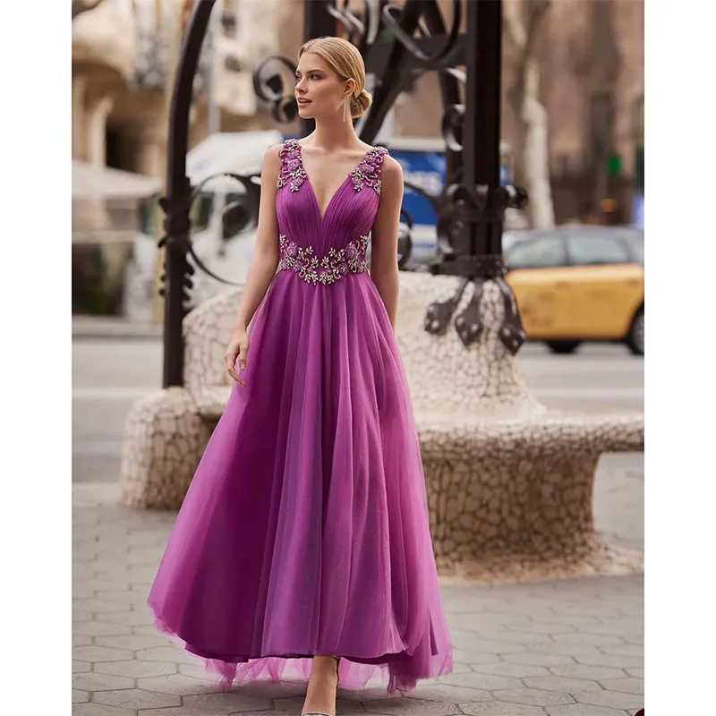 

Charming A Line Prom Dresses V Neck Beads Appliques Tulle Sleeveless Custom Made Party Formal Dress Vestido De Noite