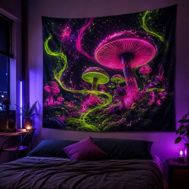 VIKAMA Purple Green Jellyfish Mushroom Wall Tapestry Neon Glow Tripsy Ocean Forest Home Decor Retro Style Soft Durable Cozy Gift